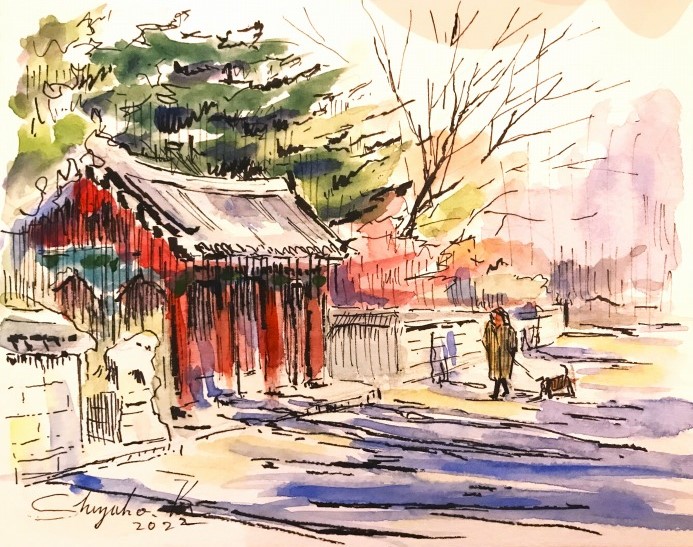 2022.12.23ペンと水彩「寒い日(鶴見緑地韓国館跡前の通り)」