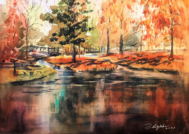 透明水彩スケッチ「秋色の水辺」を描く🎨