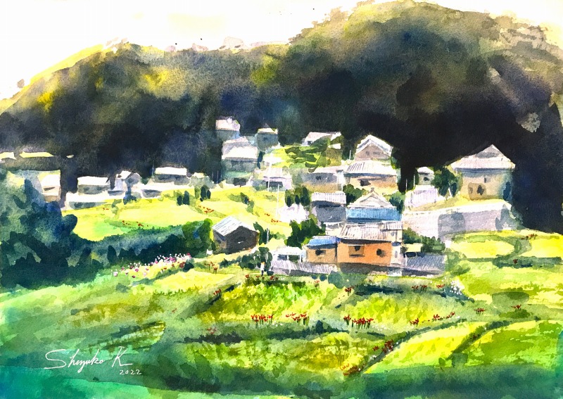 2022.09.25透明水彩スケッチ「棚田の集落」(伊賀上野 西山)