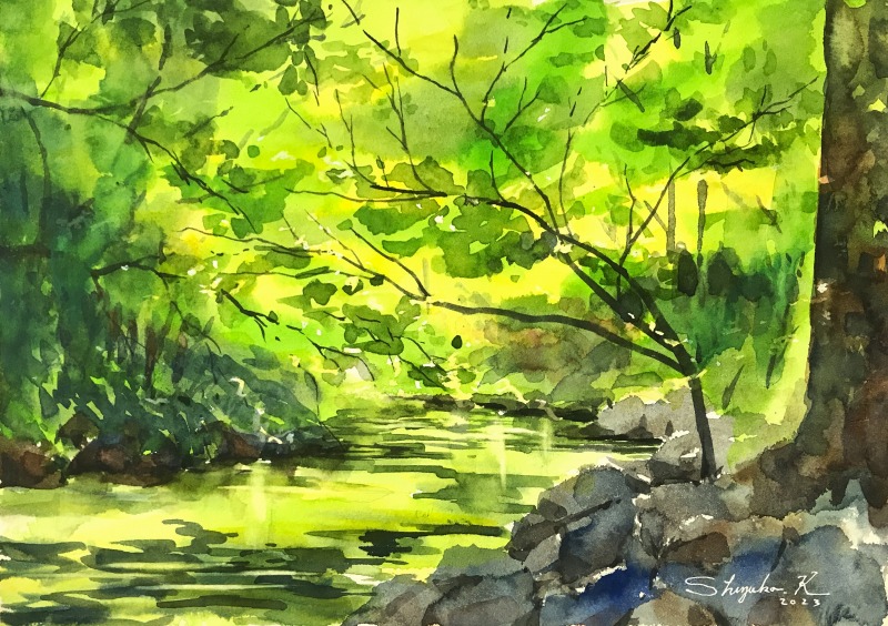 透明水彩スケッチ「新緑の水辺にて」~THE🌲🌳緑だらけで大混乱 透明水彩スケッチ「新緑の水辺にて」~THE🌲🌳緑だらけで大混乱