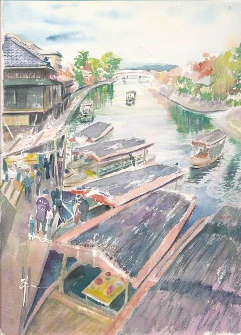 透明水彩画作品「京都宇治川公園界隈」着彩途中2