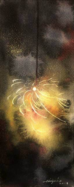 透明水彩画「線香花火(柳)」完成アルシュ細目25×10