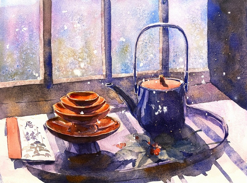 2026.01.01透明水彩画「朔日 雪の洗礼」F6サイズ途中8