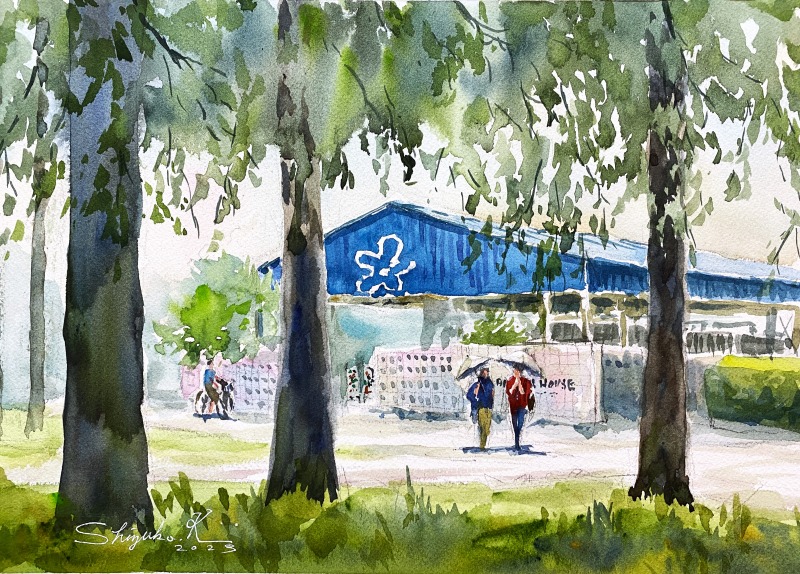 水彩画「公園のレストラン前」