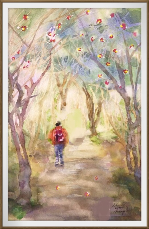 23Iさん透明水彩画「椿の森にて(高知)」仮題 位置変更