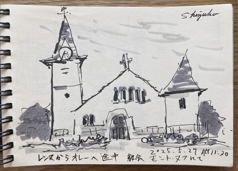 2025.05.27-2ミニクロッキー「レンヌからオレーへ向かう途中 モント・ヌフの小さな教会」葉書サイズ