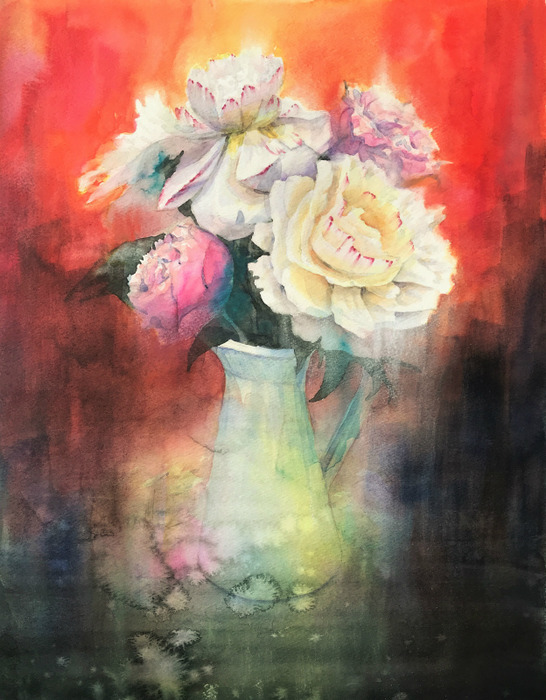 透明水彩画「赤い世界（芍薬）」絵ではポーカーフェイスできない