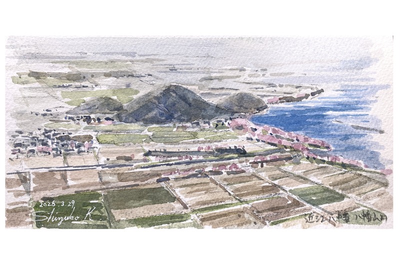 2026.03.29透明水彩スケッチ「八幡山山頂展望」（近江八幡）大きなハガキ