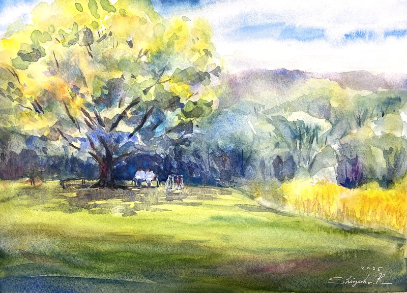 2025.09.22透明水彩スケッチ「晩夏の丘にて」万博記念公園・花の丘