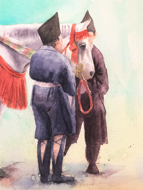 透明水彩画「峠にて(京都 時代祭り 巴御前)」arches2636途中 (2)