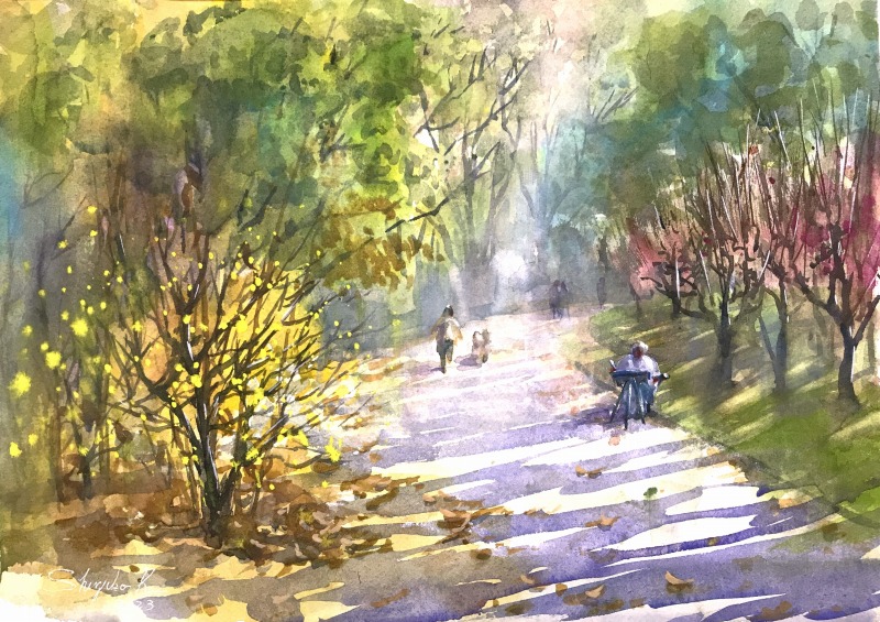 2023.01.18透明水彩スケッチ「蝋梅咲く」(鶴見緑地公園)2