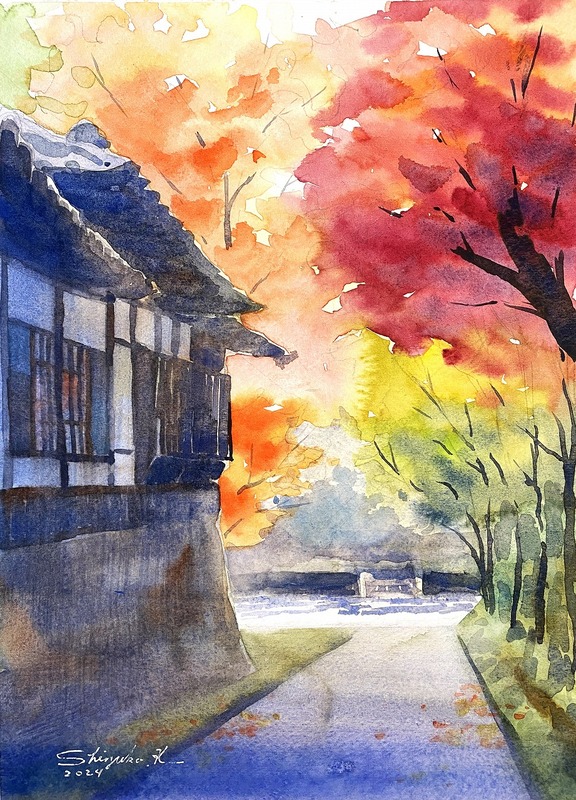 2024.10.29透明水彩画「秋　日吉大社の坂道」