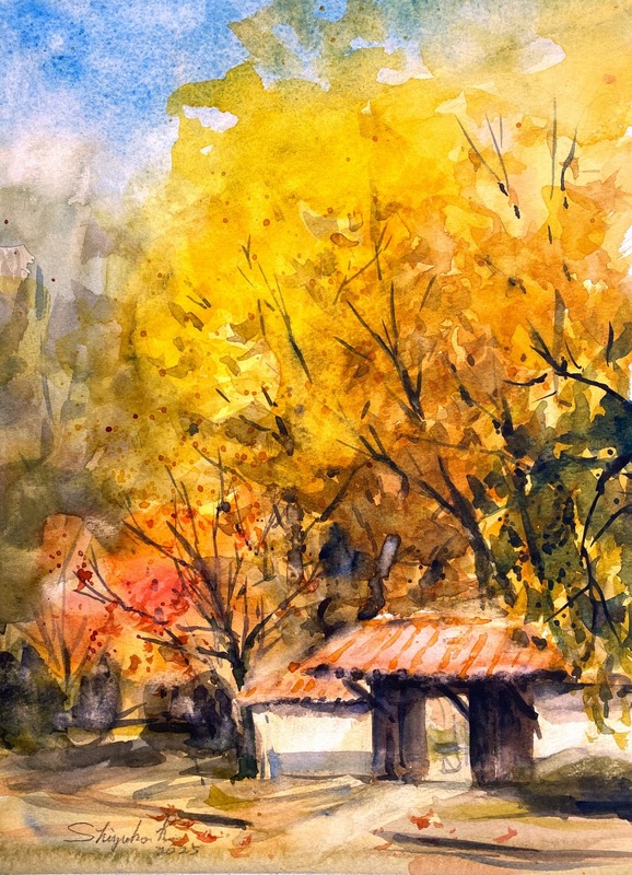 透明水彩スケッチ「黄葉の家」（鶴見緑地公園ブルガリア館跡）