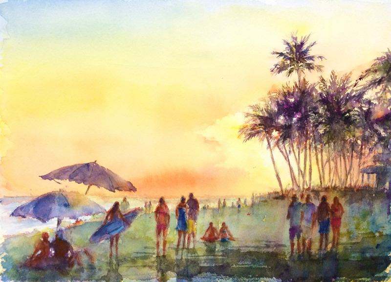 14OYさん透明水彩画「ハワイの夕陽(仮題)」