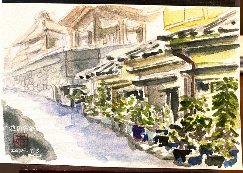 2024.07.03お散歩スケッチ「坂道の路地（池田市街地）」