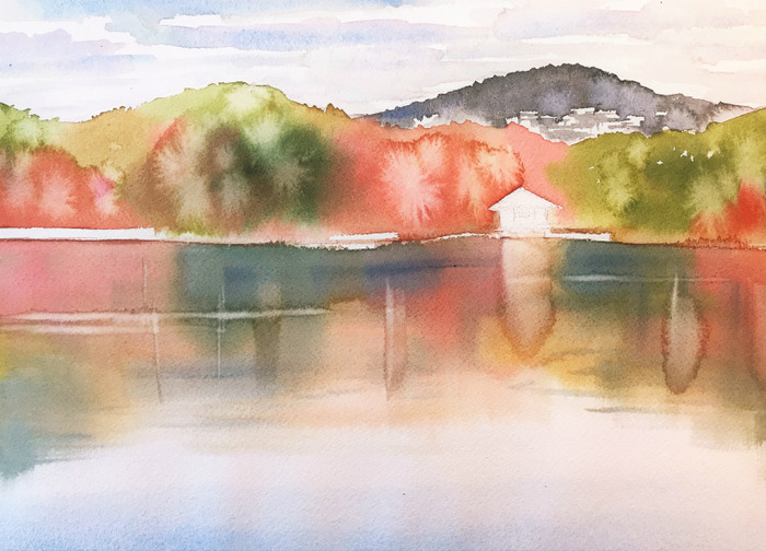 2020.02.09透明水彩画「山田池(枚方市山田池公園)」#2途中 (3)