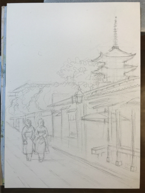 透明水彩画「夏の朝(寧々の道)」製作途中 (1)