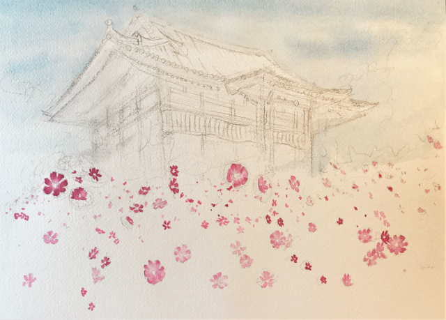 透明水彩画「コスモス寺(奈良)」製作途中 (1)