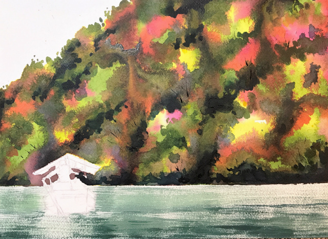 透明水彩画「保津川下り(京都嵐山)」製作途中 (2)