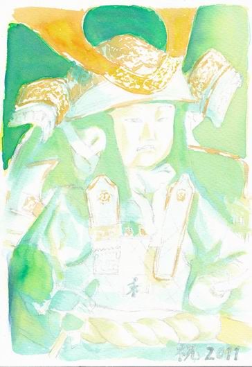 透明水彩画「五月人形」着彩途中