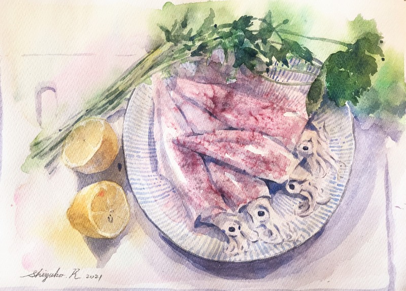 透明水彩画「ランチの仕度」~イカを初めて買って捌く~