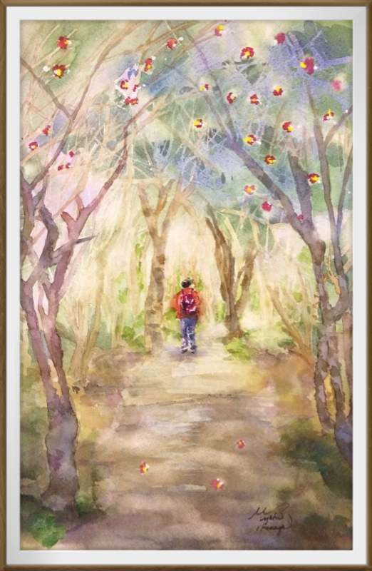 23Iさん透明水彩画「椿の森にて(高知)」仮題 額装