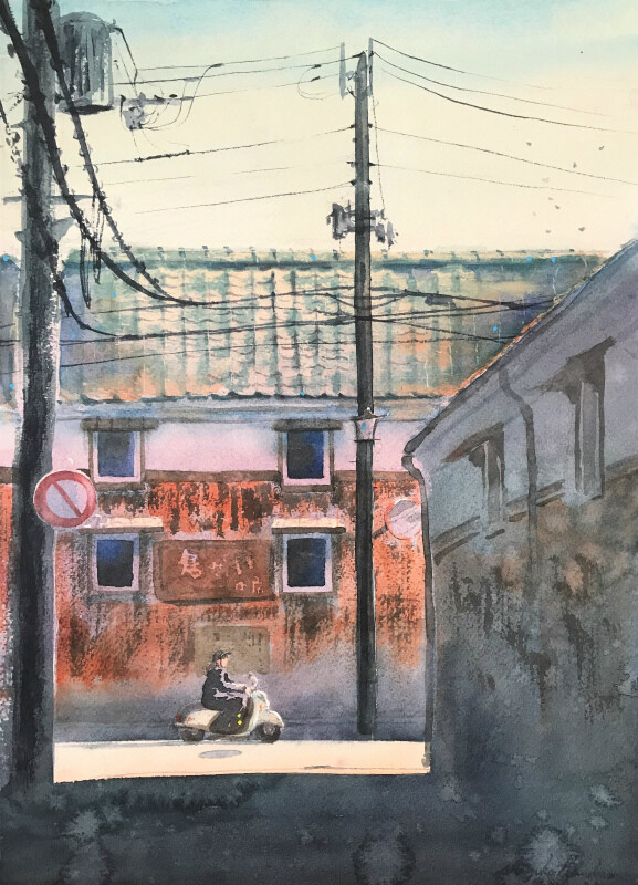 透明水彩画#08「町角」完成