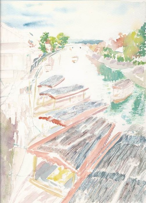 透明水彩画作品「京都宇治川公園界隈」着彩著中