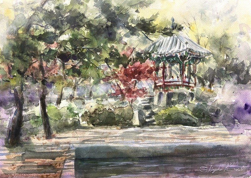 2023.12.01透明水彩スケッチ「初冬の陽射し」鶴見緑地韓国館跡2