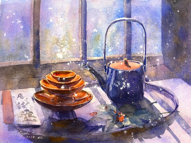 2026.01.01透明水彩画「朔日 雪の洗礼」F6サイズ途中9