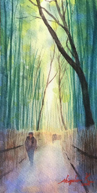 透明水彩画「冬の旅人」(京都嵐山)大きなポストカード 完成