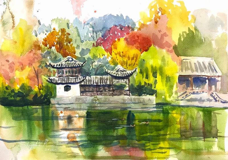 透明水彩スケッチ「秋晴れの水辺」～欲が出るとダメ　あるある～