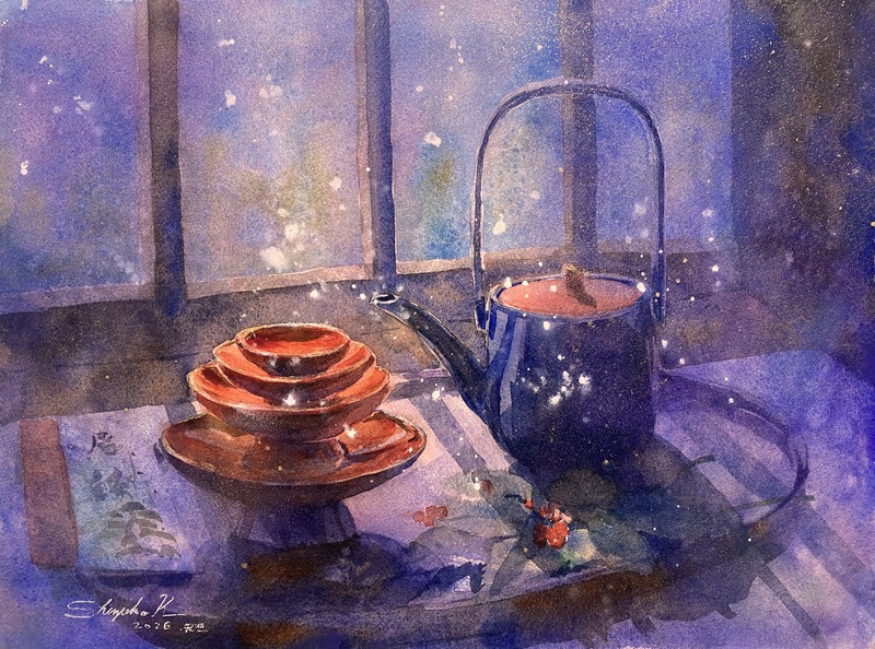 2026.01.01透明水彩画「朔日 雪の洗礼」F6サイズ