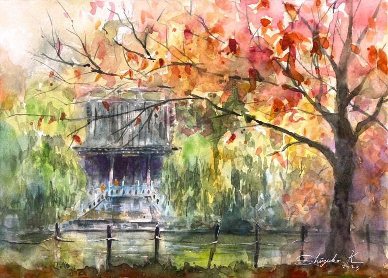 透明水彩スケッチ「秋深まる」鶴見緑地大池越しの中国館