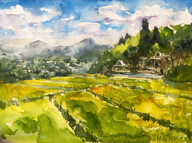 稲刈り前の秋の棚田を描く「笹部の棚田（兵庫県川西市）」スケッチ