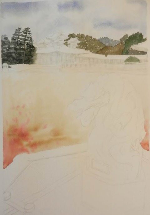 透明水彩画『平安神宮　龍の年（京都市　左京区）』着彩途中 (1)