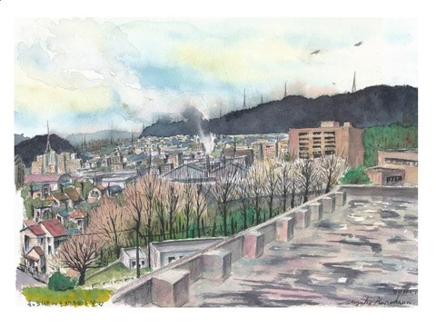 透明水彩画作品「病院から見える枚方の風景~生駒方面~」