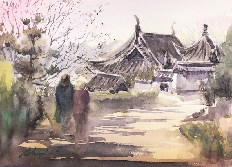 水彩画「散策の道」