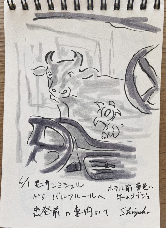 2025.06.01-1ミニクロッキー「モンサンミシェルからバルフルールへ ルノー車内」葉書サイズ