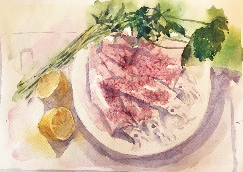 2021.02.21透明水彩画「ランチの仕度」途中