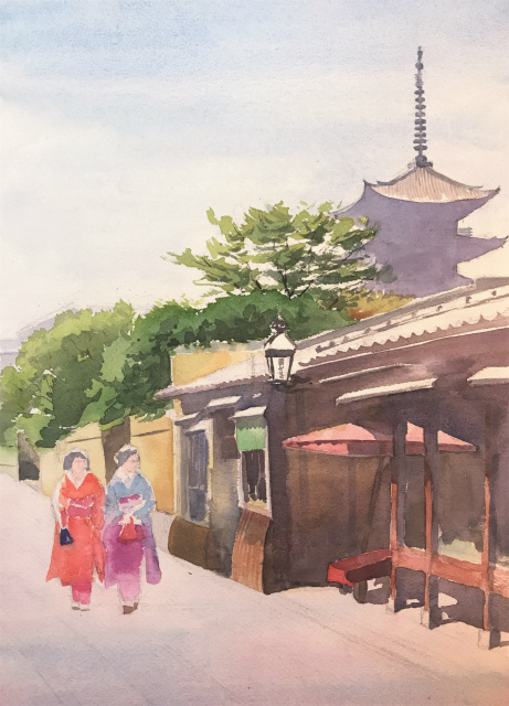 透明水彩画「夏の朝(寧々の道)」製作途中 (4)