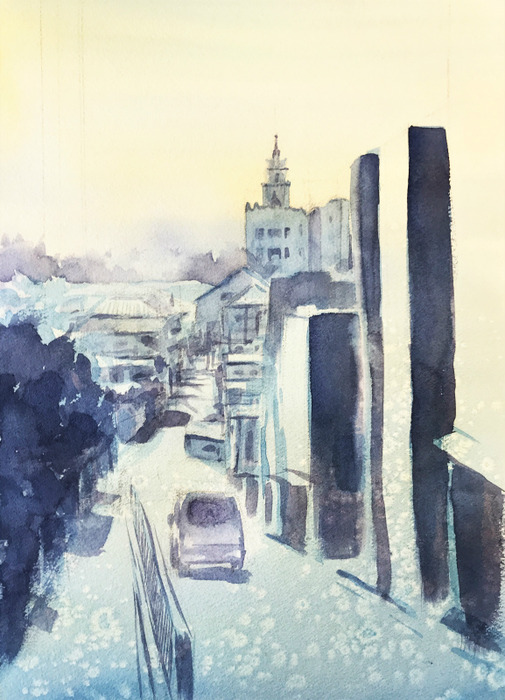 透明水彩画「初春の坂道(百済神社への坂道)」#7 (2)