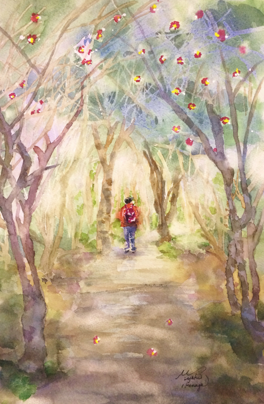 23Iさん透明水彩画「椿の森にて(高知)」仮題