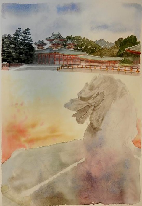 透明水彩画『平安神宮　龍の年（京都市　左京区）』着彩途中 (3)