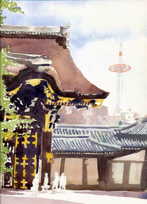 透明水彩画『京都　西本願寺』着彩途中