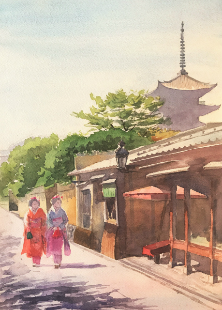 透明水彩画「夏の朝(寧々の道)」製作途中 (5)