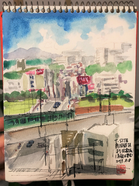 2019.08.08お散歩スケッチ枚方のビルから比叡山方面を望む