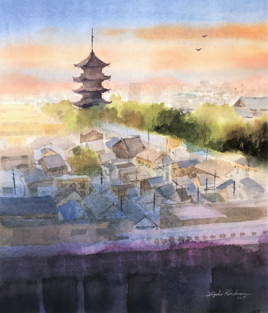 透明水彩画「家路」(京都 東寺が見える風景)を描きました☆