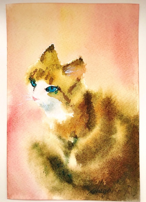 葉書de一日一枚 滲みで猫を描く(二匹目)「狸危機勃発」