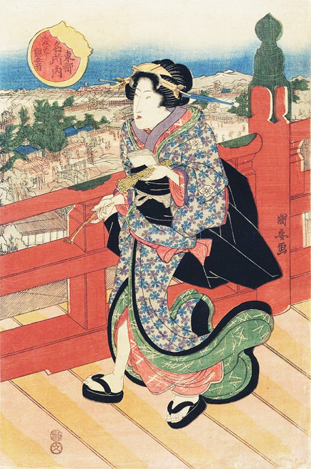 浮世絵、東源氏仲夏ノ圖三枚綴り、歌川豊国(三代豊国画） ✿第三回 歌川国貞(三代豊国)作 「十六むさしの内 銭さし